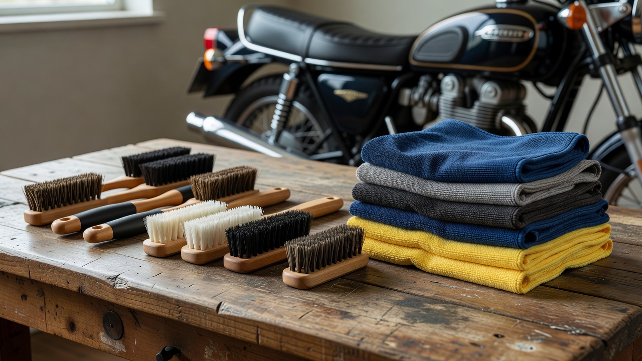 Separate motorcycle cleaning brushes and folded microfiber cloths on a workshop bench