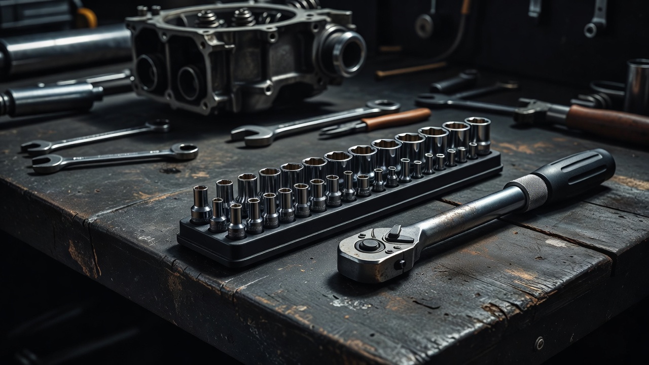Metric sockets arranged by size beside a torque wrench on a dark workshop bench