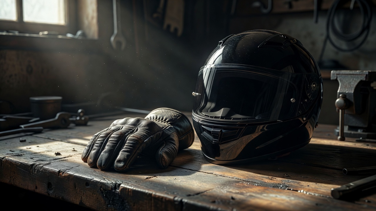Protective motorcycle gloves beside a full-face helmet on a workshop bench under directional light